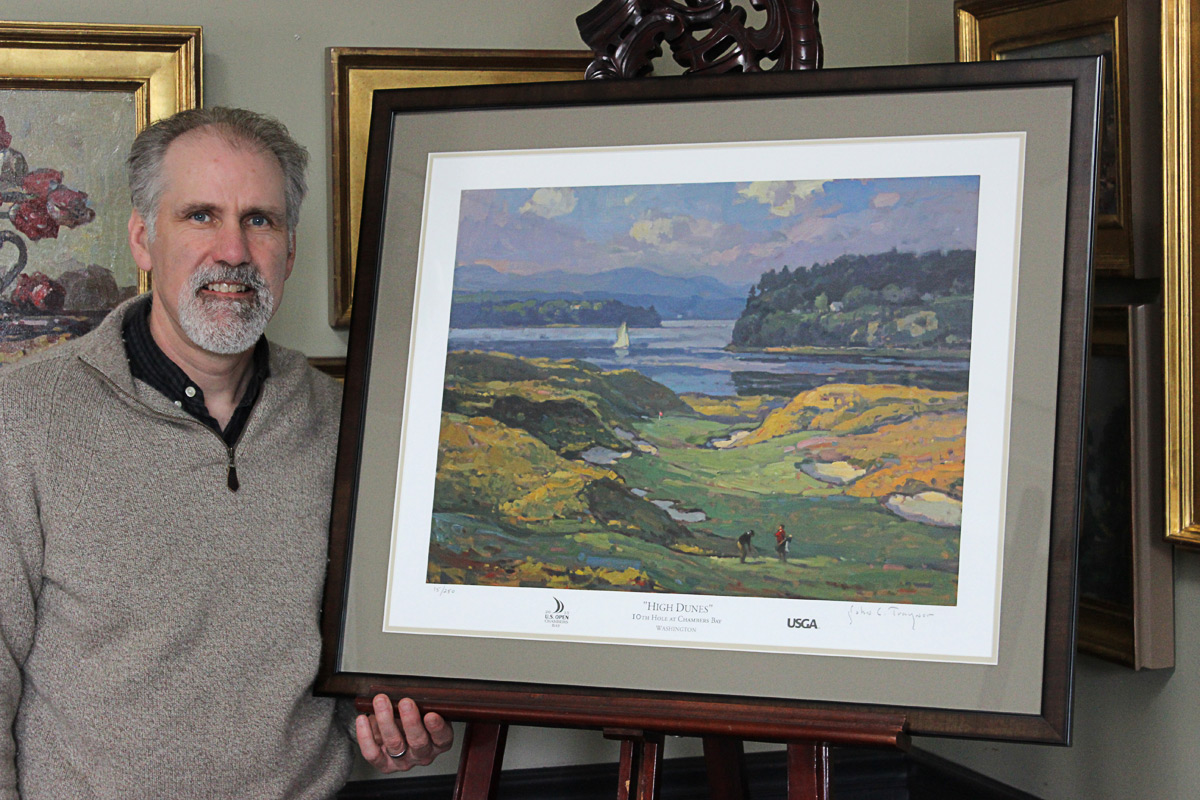John Traynor with his U.S. Open 2015 Painting, “High Dunes” 10th Hole at Chambers Bay, Washington 436-Yard Par 4
